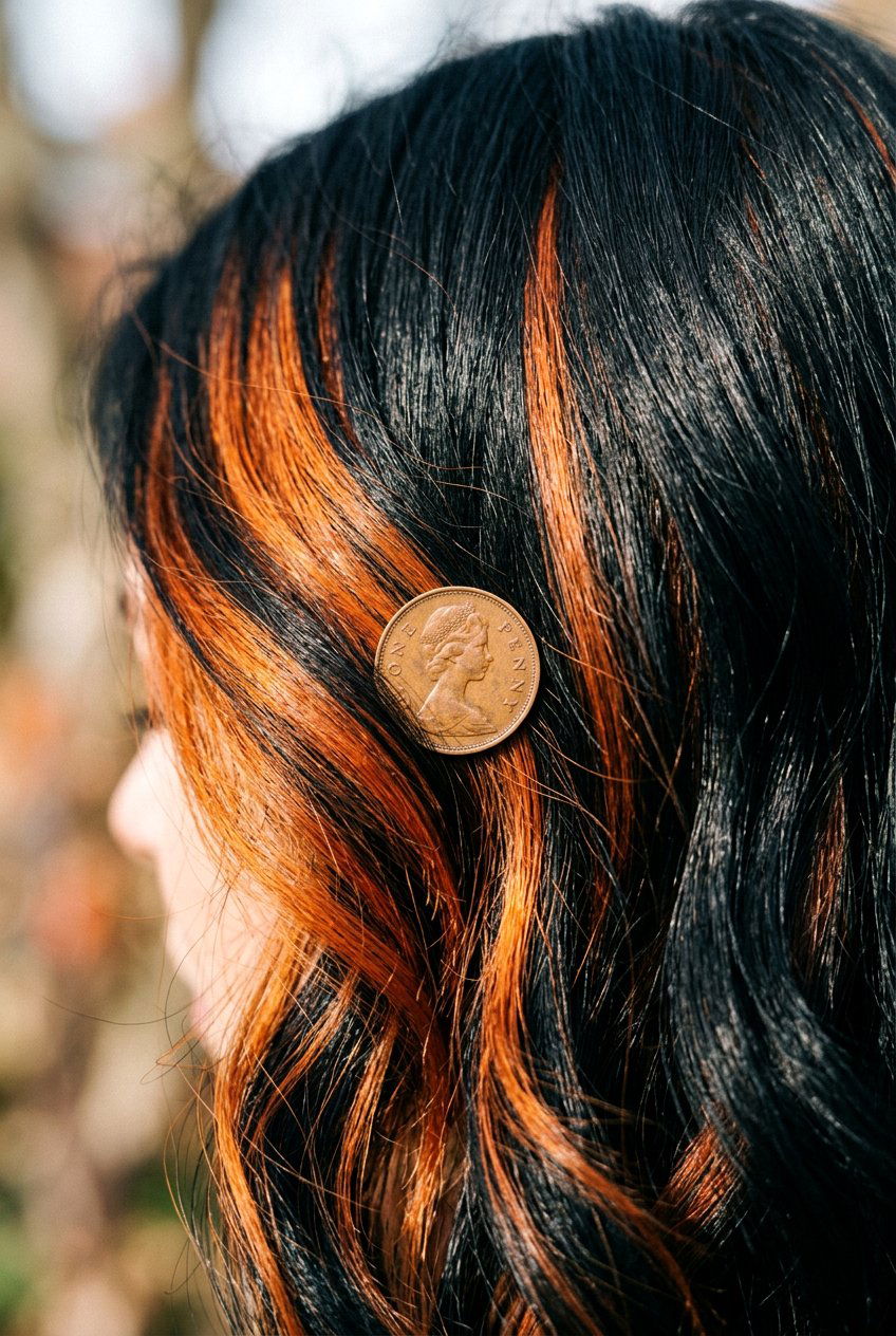 Copper Money Piece On Black Hair - 20 copper money piece hair - 20 copper money piece hair