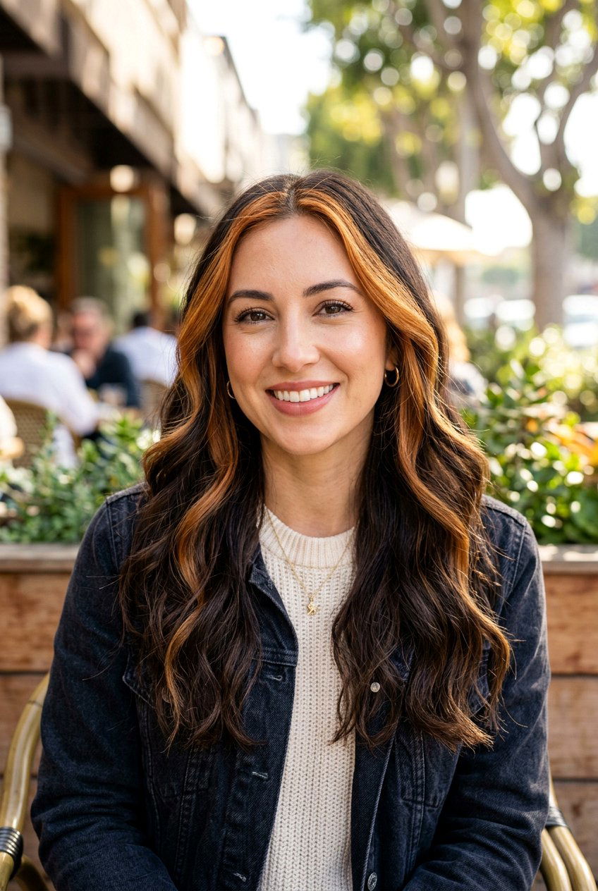 Copper Money Piece on Dark Brown Hair - 20 copper face framing pieces - 20 copper face framing pieces