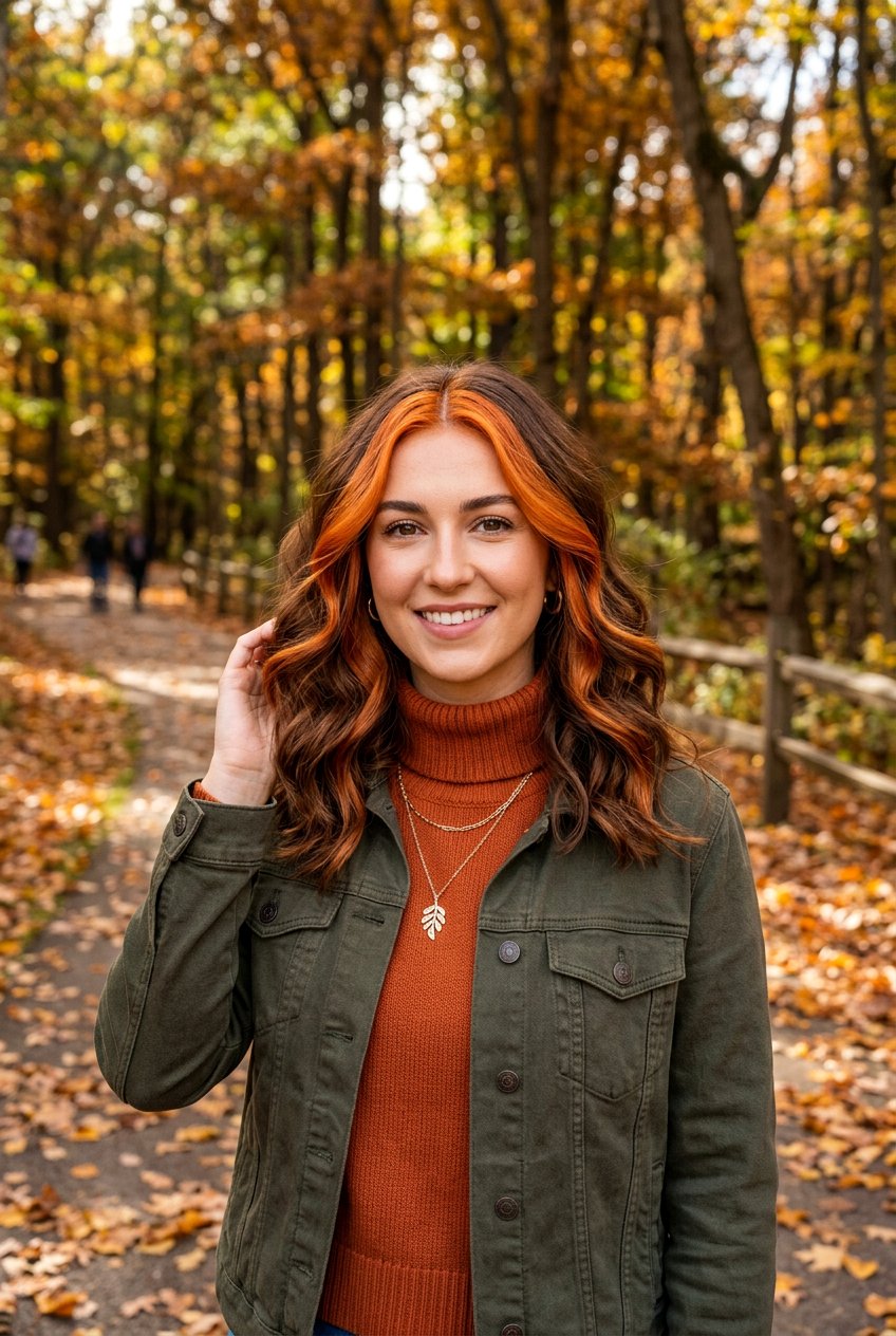 Copper Money Piece on Warm Brunette Hair - 20 bold money piece ideas - 20 bold money piece ideas