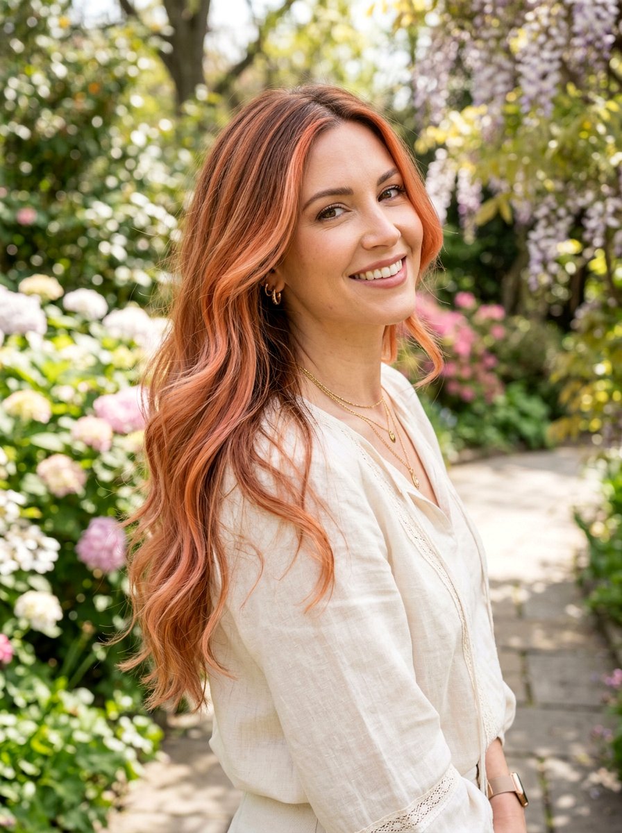 Copper Peach Balayage Long Layered Hair - 20 copper balayage for long layers - 20 copper balayage for long layers