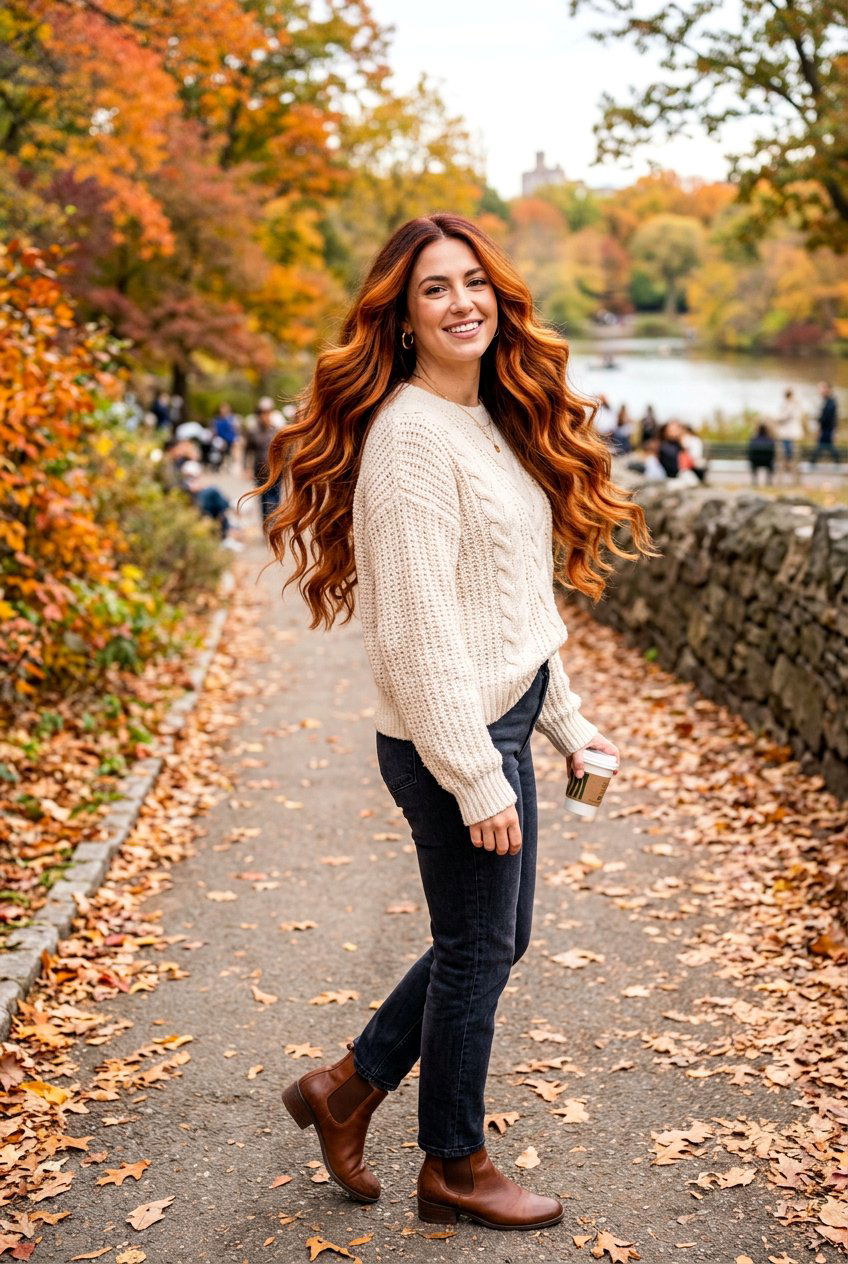 Copper Pumpkin Balayage On Long Wavy Hair - 20 fall copper balayage - 20 fall copper balayage