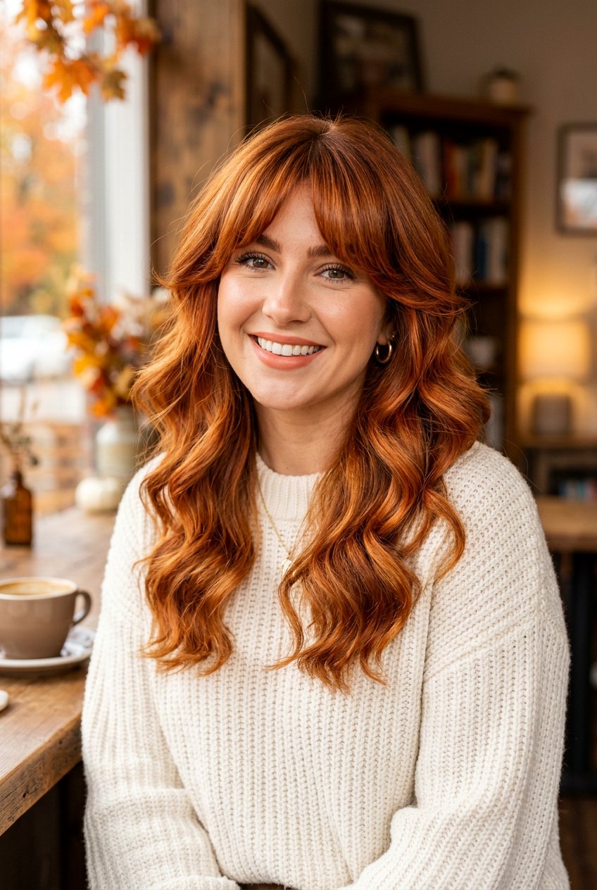 Copper Pumpkin Balayage With Voluminous Curtain Bangs - 20 copper balayage with curtain bangs - 20 copper balayage with curtain bangs
