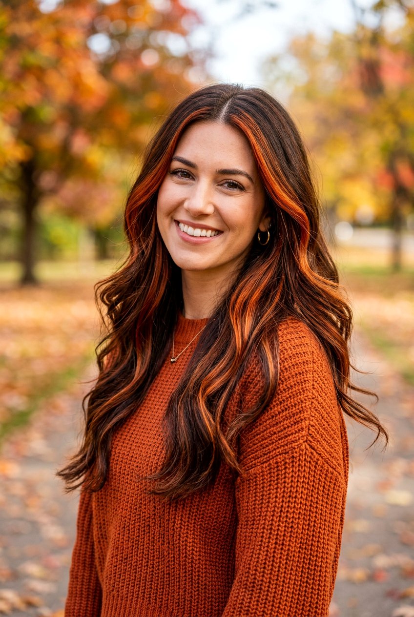 Copper Ribbon Highlights On Brunette Long Layers - 20 brunette ribbons for long layered hair - 20 brunette ribbons for long layered hair