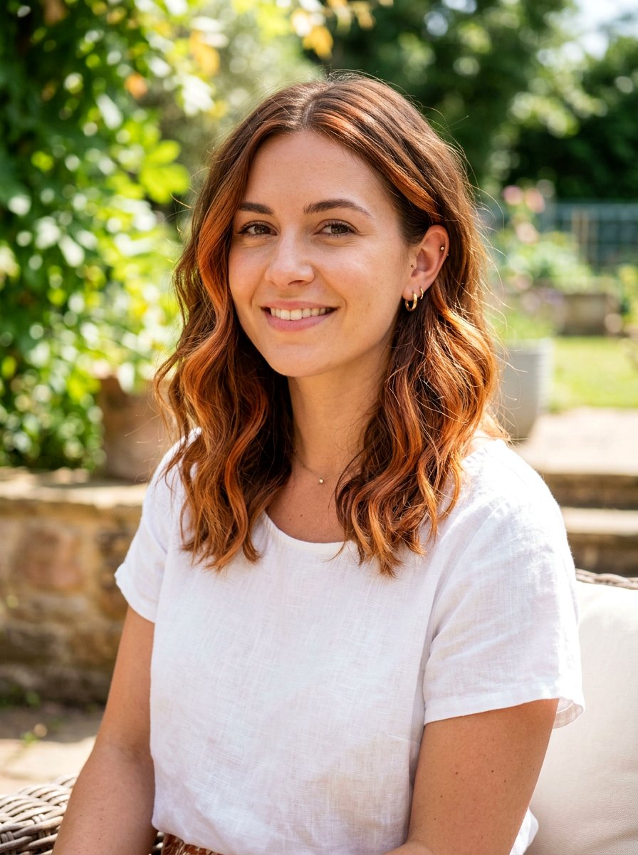 Copper Ribbon Highlights On Shoulder Length Hair - 20 copper ribbons for medium brown hair - 20 copper ribbons for medium brown hair