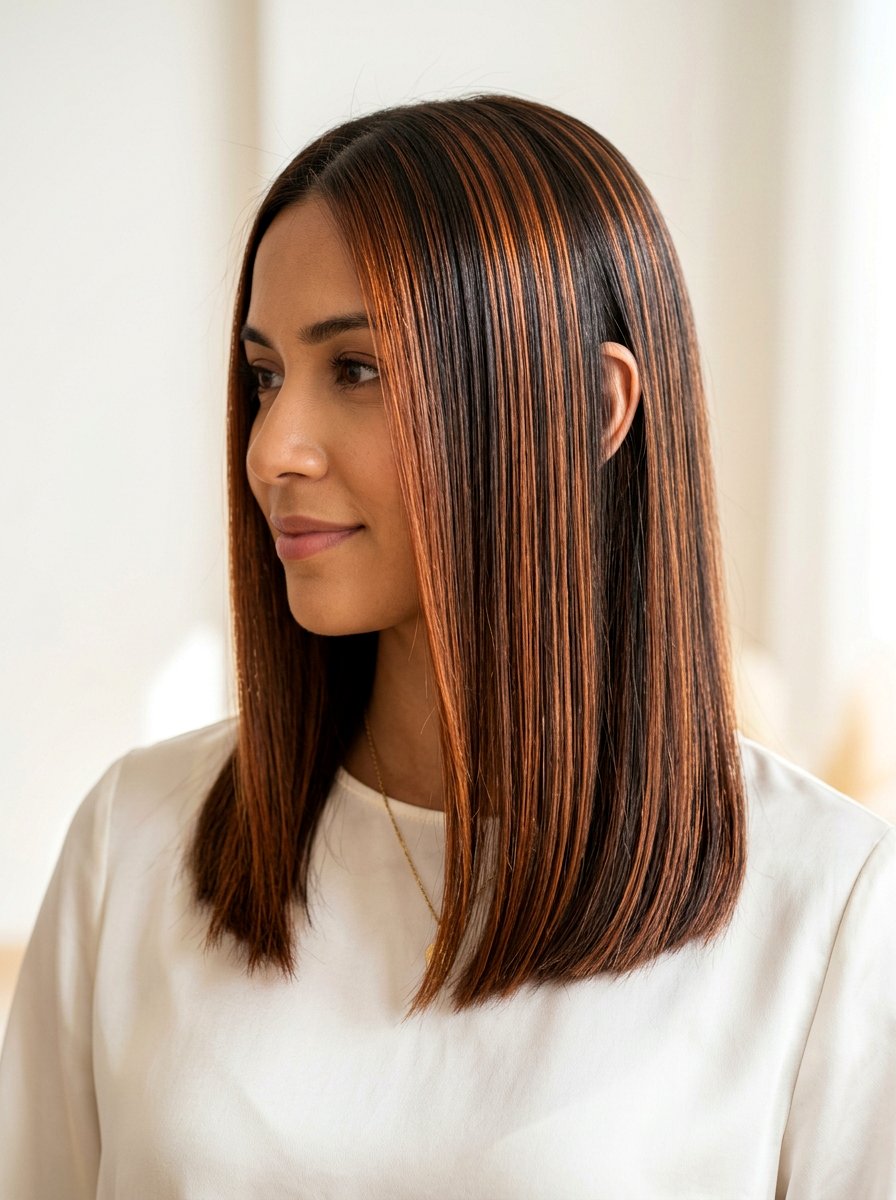 Copper Ribbon Highlights On Straight Medium Hair - 20 copper ribbons for medium brown hair - 20 copper ribbons for medium brown hair