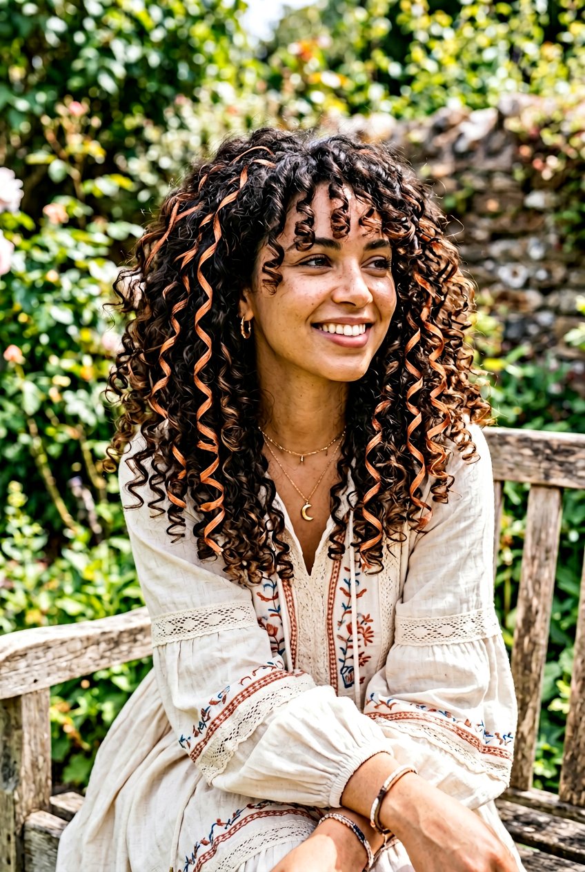 Copper Ribbons On Curly Hair - 20 chestnut brunette with copper ribbons - 20 chestnut brunette with copper ribbons