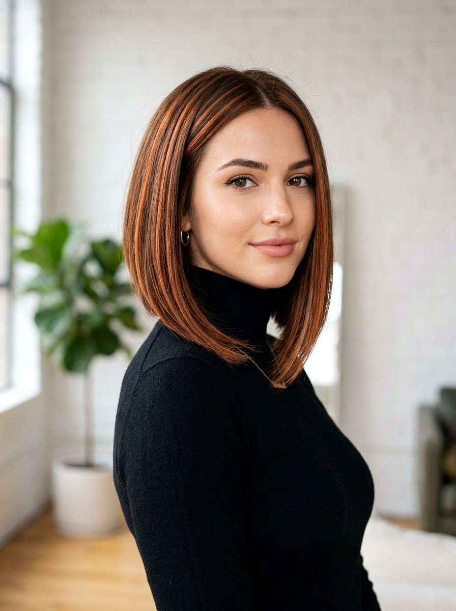 Copper Ribbons On Medium Brown A Line Bob - 20 copper ribbons for medium brown hair - 20 copper ribbons for medium brown hair