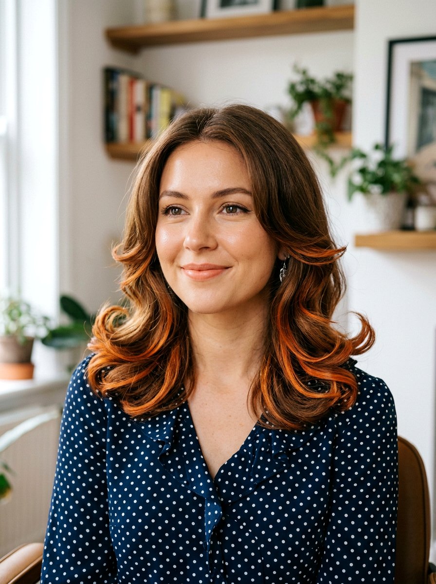 Copper Ribbons On Medium Brown Flipped Ends - 20 copper ribbons for medium brown hair - 20 copper ribbons for medium brown hair