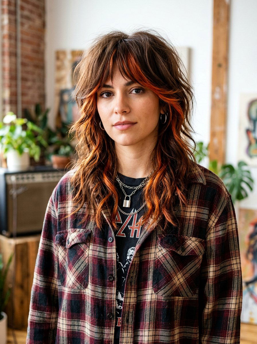 Copper Ribbons On Medium Brown Wolf Cut - 20 copper ribbons for medium brown hair - 20 copper ribbons for medium brown hair