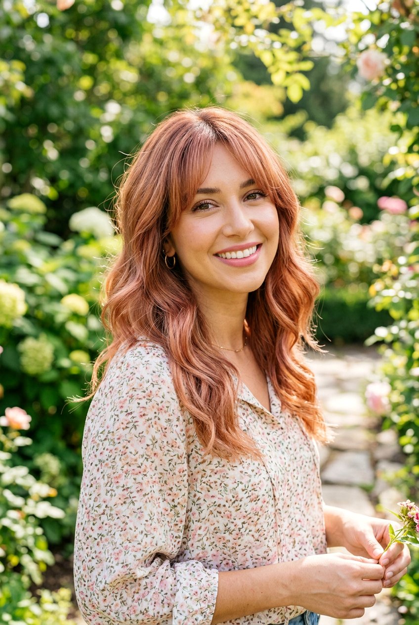 Copper Rose Gold Balayage With Soft Curtain Bangs - 20 copper balayage with curtain bangs - 20 copper balayage with curtain bangs