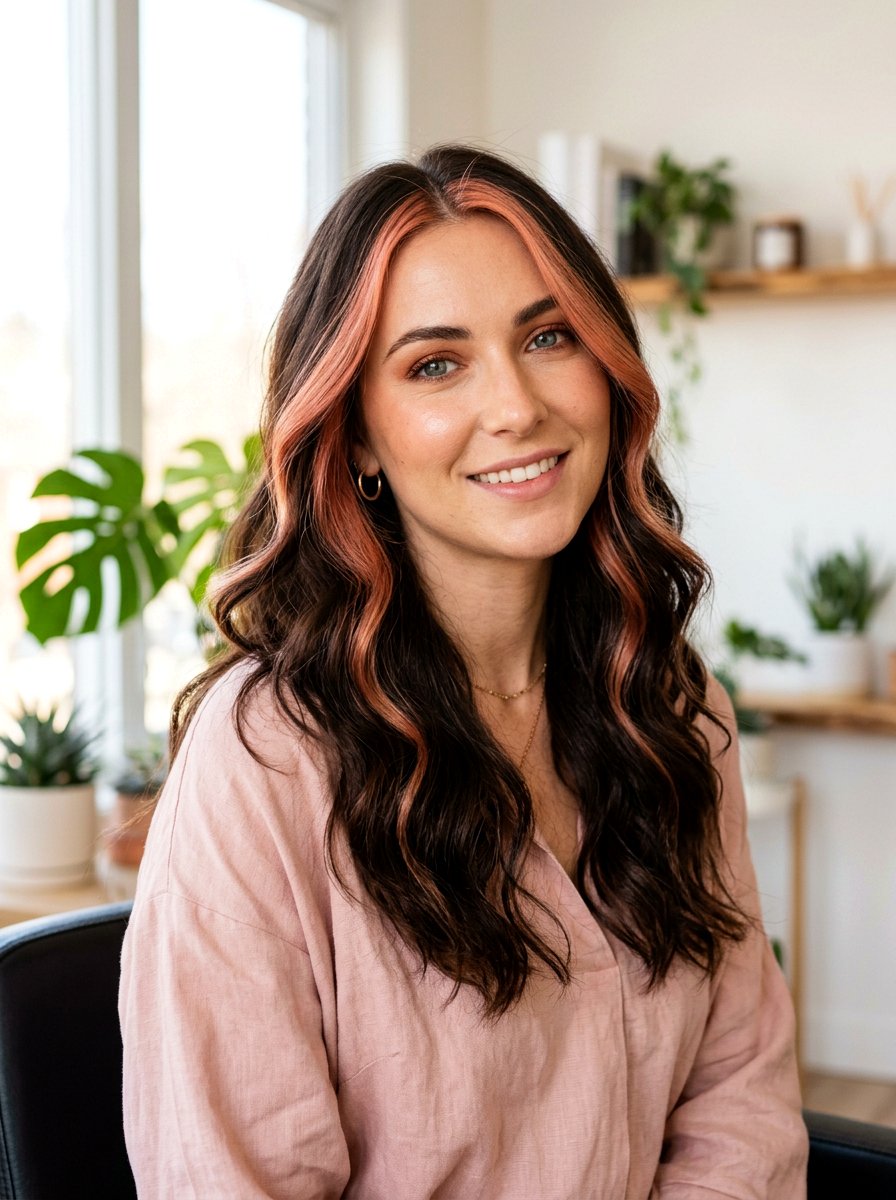 Copper Rose Gold Money Piece on Warm Dark Hair - 20 pumpkin spice money piece hair - 20 pumpkin spice money piece hair