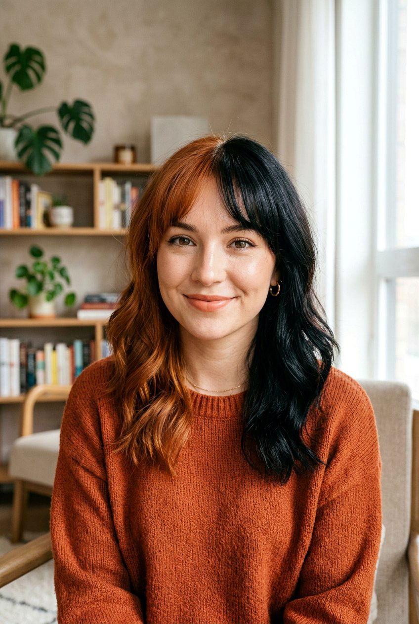 Copper and Black Split Dye With Curtain Bangs - 20 copper and black split dye hair - 20 copper and black split dye hair