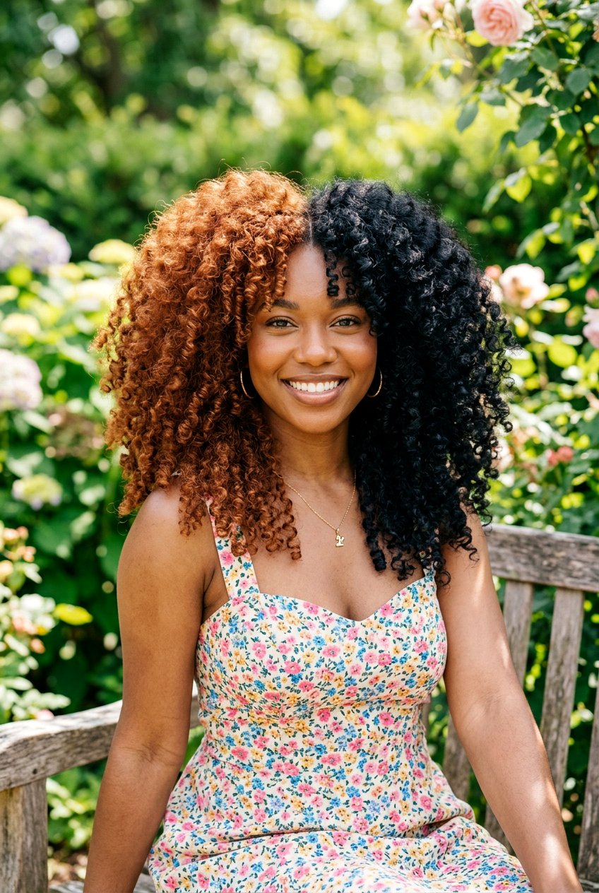 Copper and Black Split Dye on Curly Hair - 20 copper and black split dye hair - 20 copper and black split dye hair