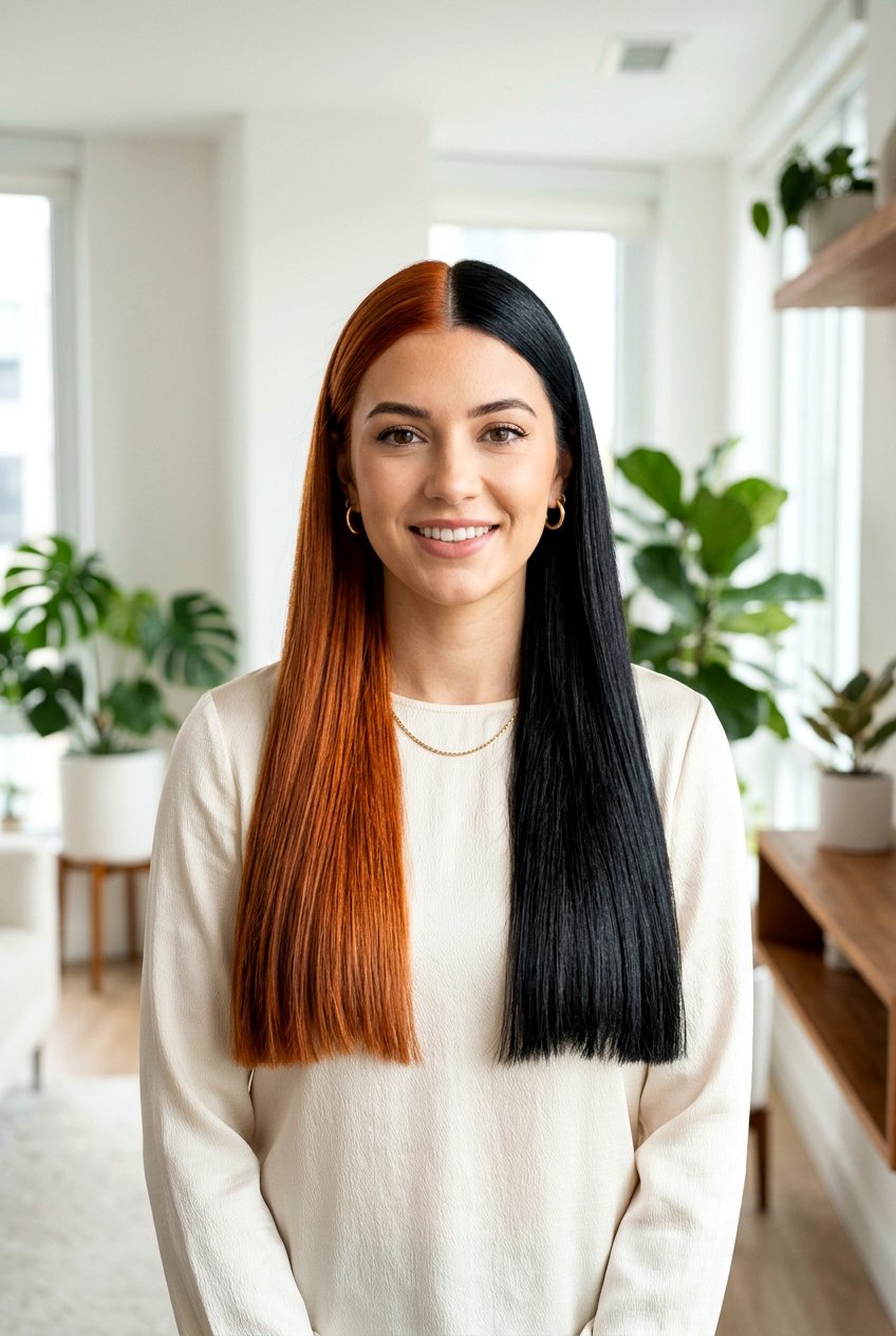 Copper and Black Split Dye on Long Straight Hair - 20 copper and black split dye hair - 20 copper and black split dye hair