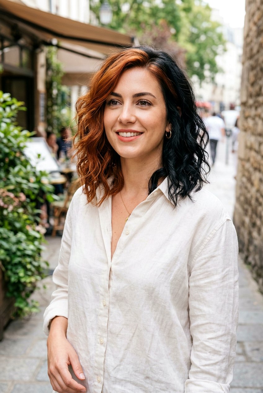 Copper and Black Split Dye on a Wavy Lob - 20 copper and black split dye hair - 20 copper and black split dye hair