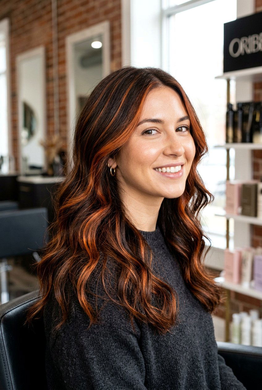 Copper highlights on dark brown hair - 20 natural looking highlights - 20 natural looking highlights