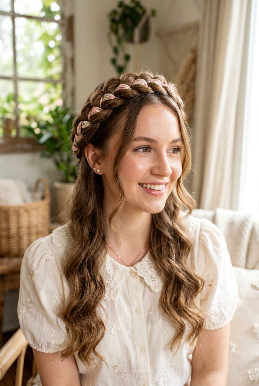 Coquette Halo Braids With Ribbon Weave - 20 coquette hairstyles - 20 coquette hairstyles