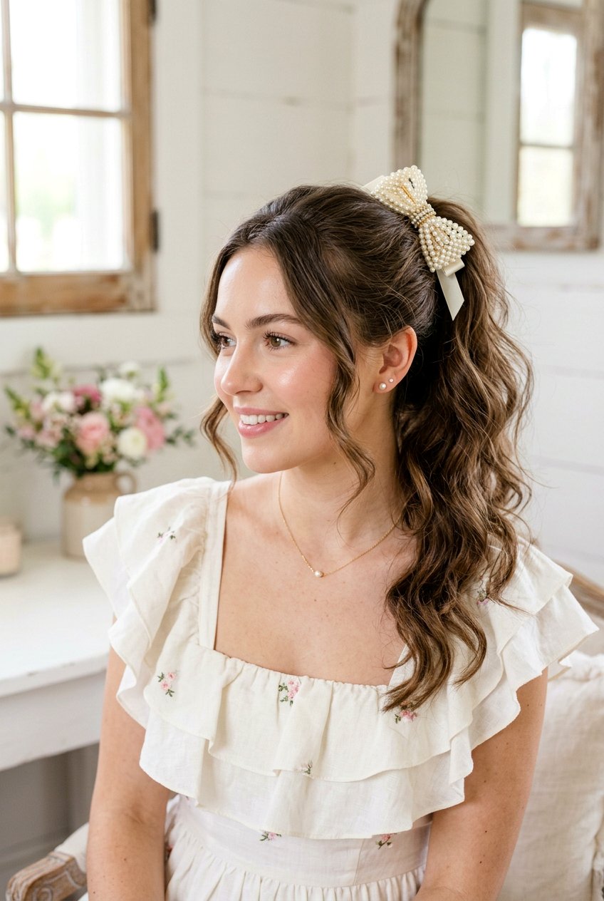 Coquette Pearl Ponytail With Bow - 20 pearl ponytail hairstyle - 20 pearl ponytail hairstyle