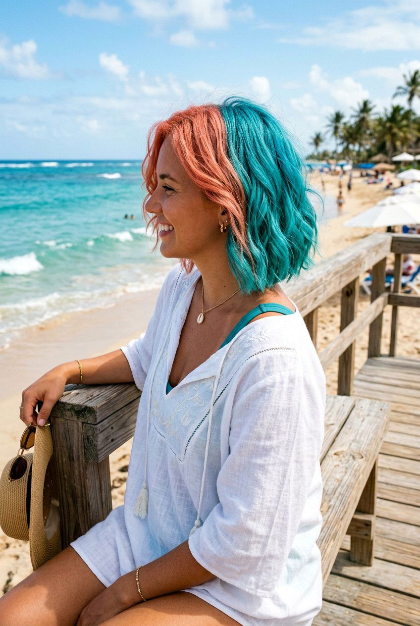 Coral And Turquoise Split Hair - 20 alternative split hair color - 20 alternative split hair color