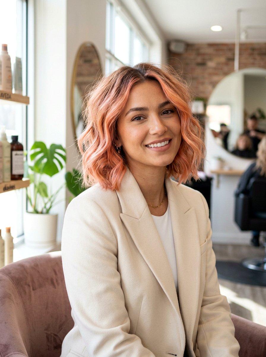 Coral Peach Balayage Wavy Bob - 20 coral peach balayage - 20 coral peach balayage