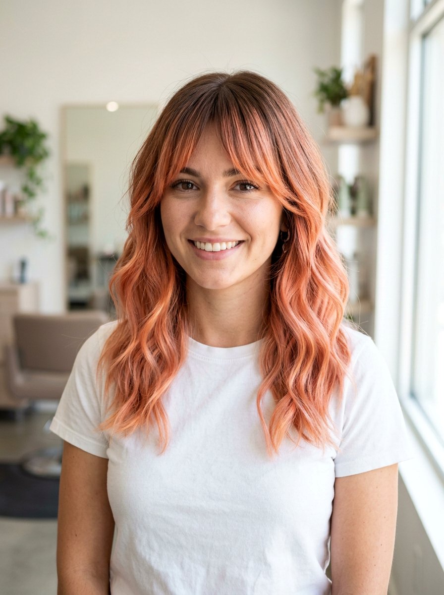 Coral Peach Balayage With Bangs - 20 coral peach balayage - 20 coral peach balayage