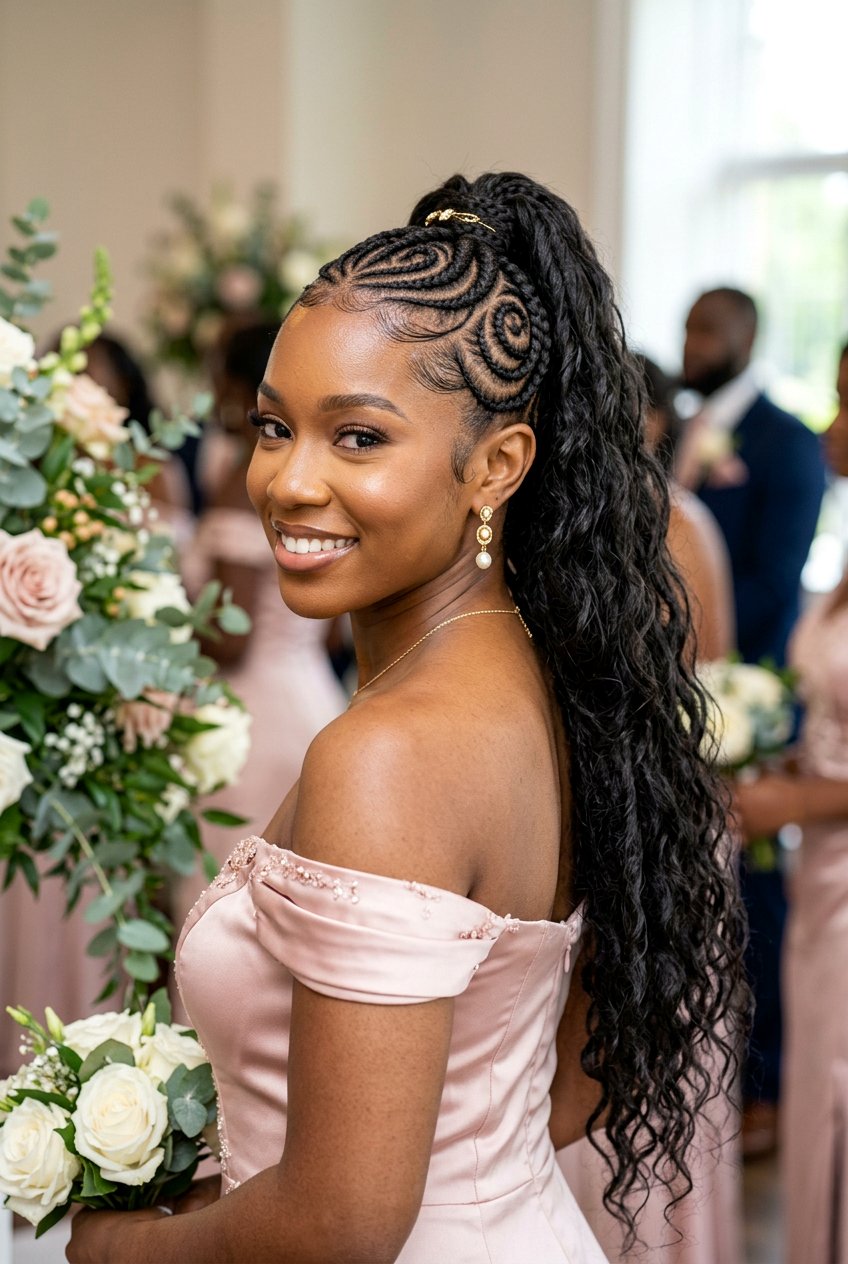 Cornrow Braid Ponytail with Swirled Scalp Design - 20 bridesmaid braid ponytail for black women - 20 bridesmaid braid ponytail for black women