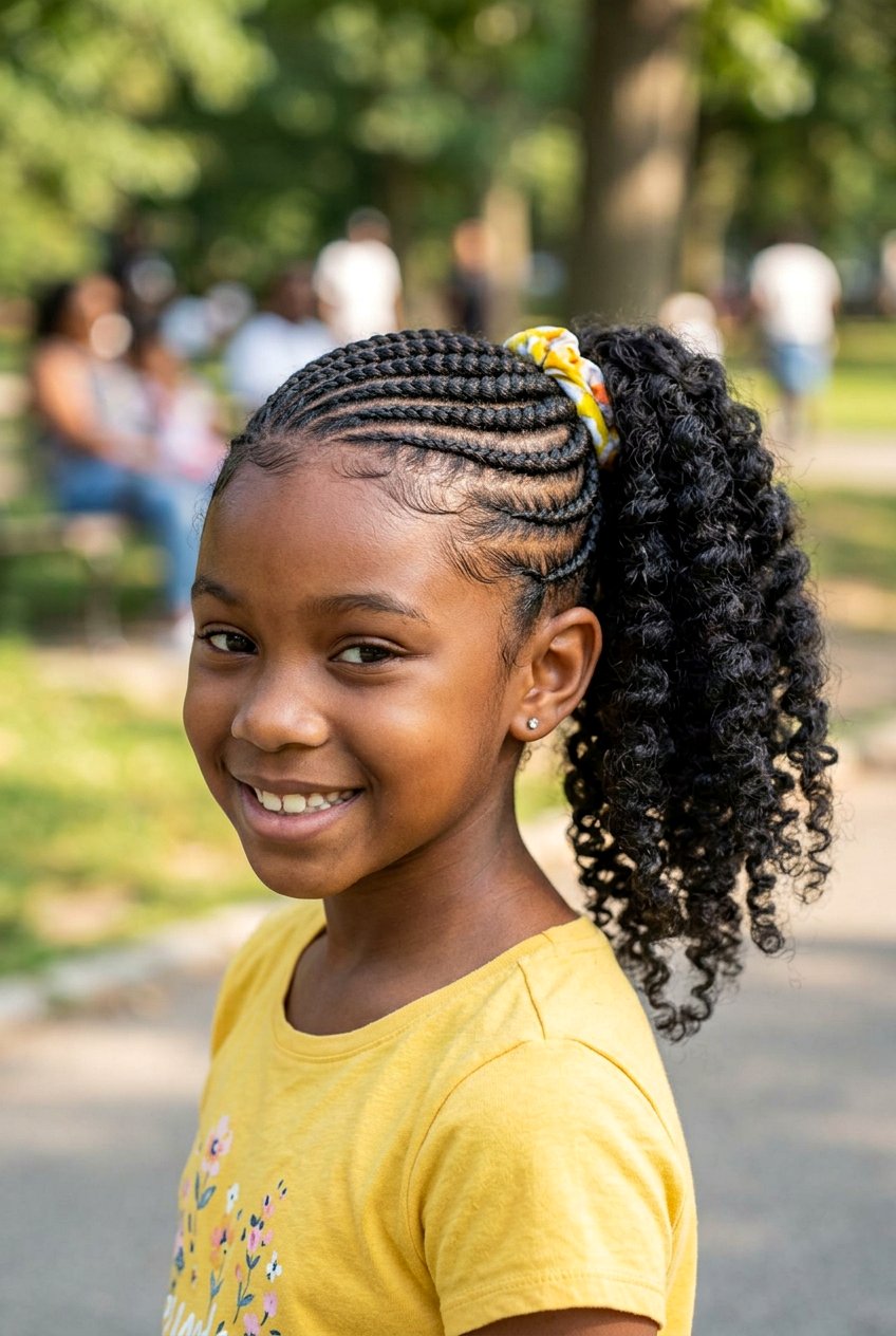 Cornrow Braids with Curly Low Bun Ponytail - 20 little girls cornrows with curly ponytail - 20 little girls cornrows with curly ponytail