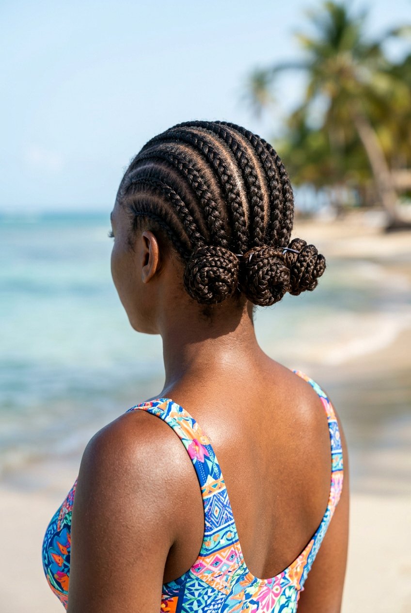 Cornrow Bun Trio - 20 pool day braid bun hairstyle - 20 pool day braid bun hairstyle