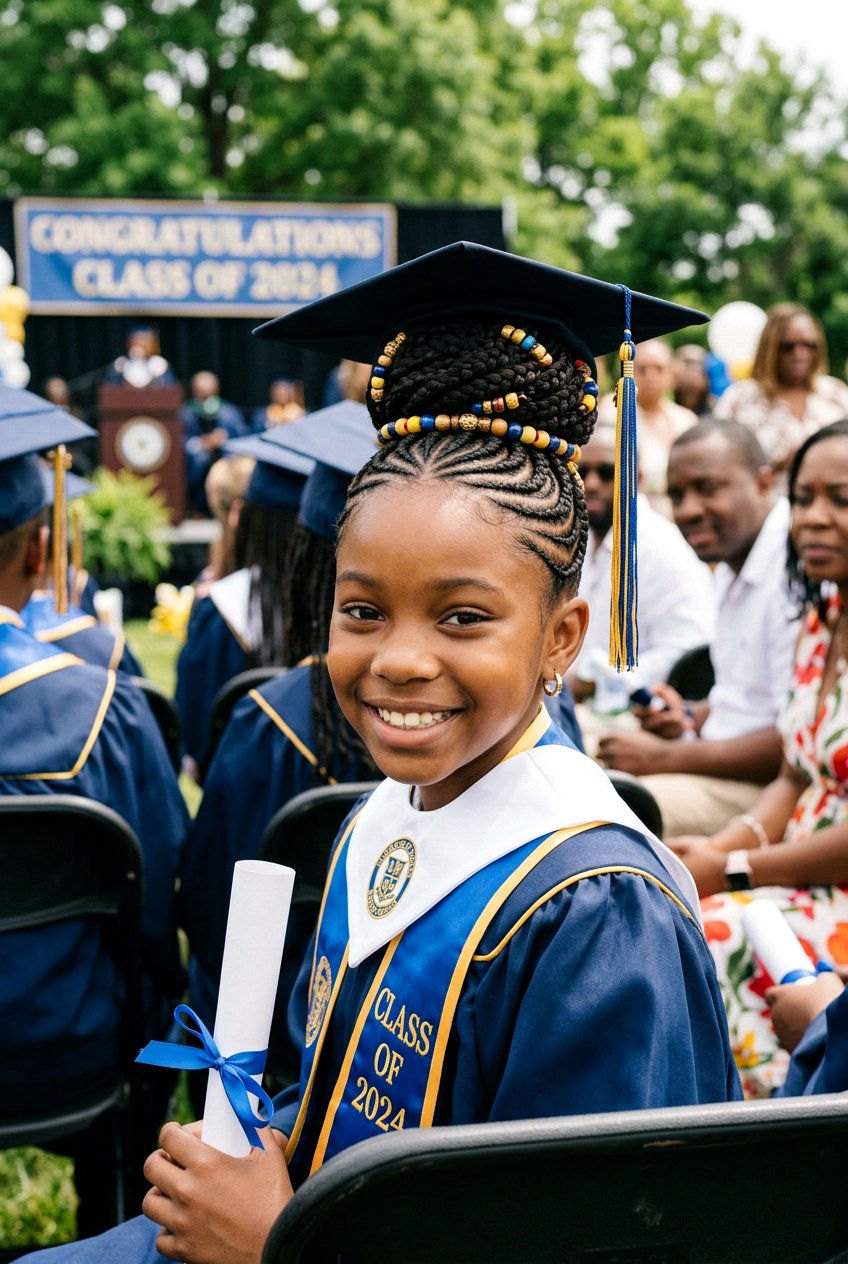 Cornrow Ponytail with Bun Wrap and Beads - 20 graduation braid ponytail for black girls - 20 graduation braid ponytail for black girls