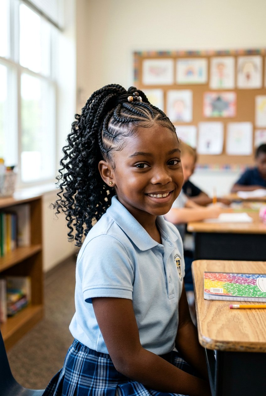 Cornrow Ponytail with Curly Braid Extension Ends - 20 school cornrow styles for black girls - 20 school cornrow styles for black girls