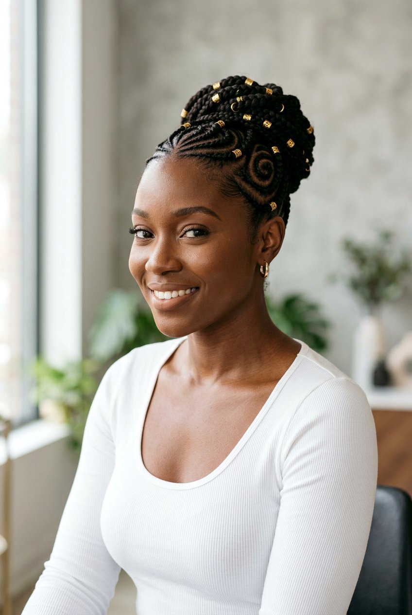 Cornrow Updo With Swirl Pattern - 20 office friendly braided hairstyles for black women - 20 office friendly braided hairstyles for black women