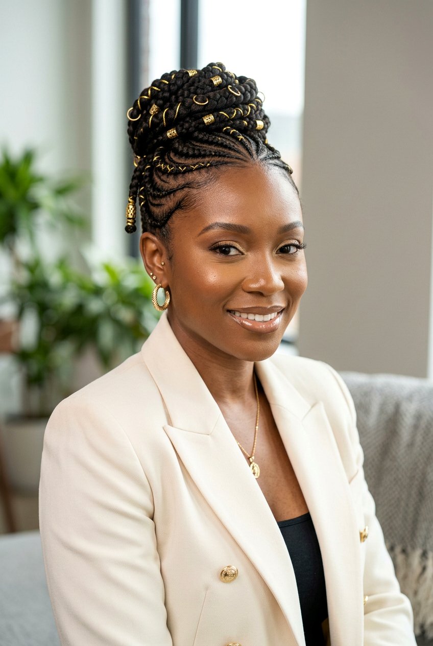 Cornrow Updo with Accessorized Ends - 20 protective styles for long natural hair - 20 protective styles for long natural hair