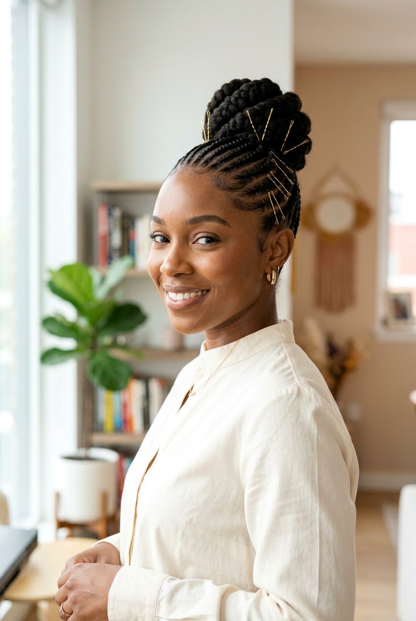 Cornrow Updo with Bun on Natural Hair - 20 protective styles for shoulder length natural hair - 20 protective styles for shoulder length natural hair