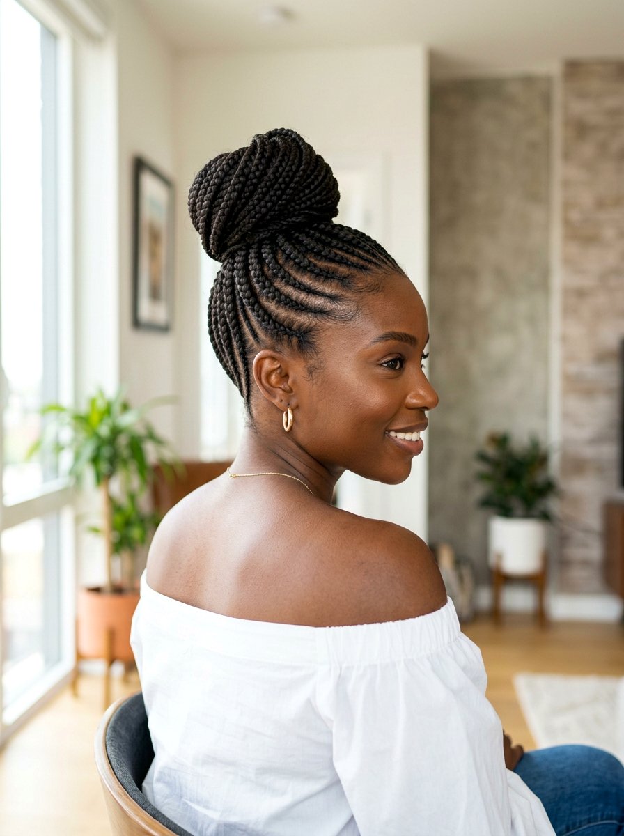 Cornrows Into High Braided Bun Ponytail - 20 straight back cornrows with ponytail - 20 straight back cornrows with ponytail