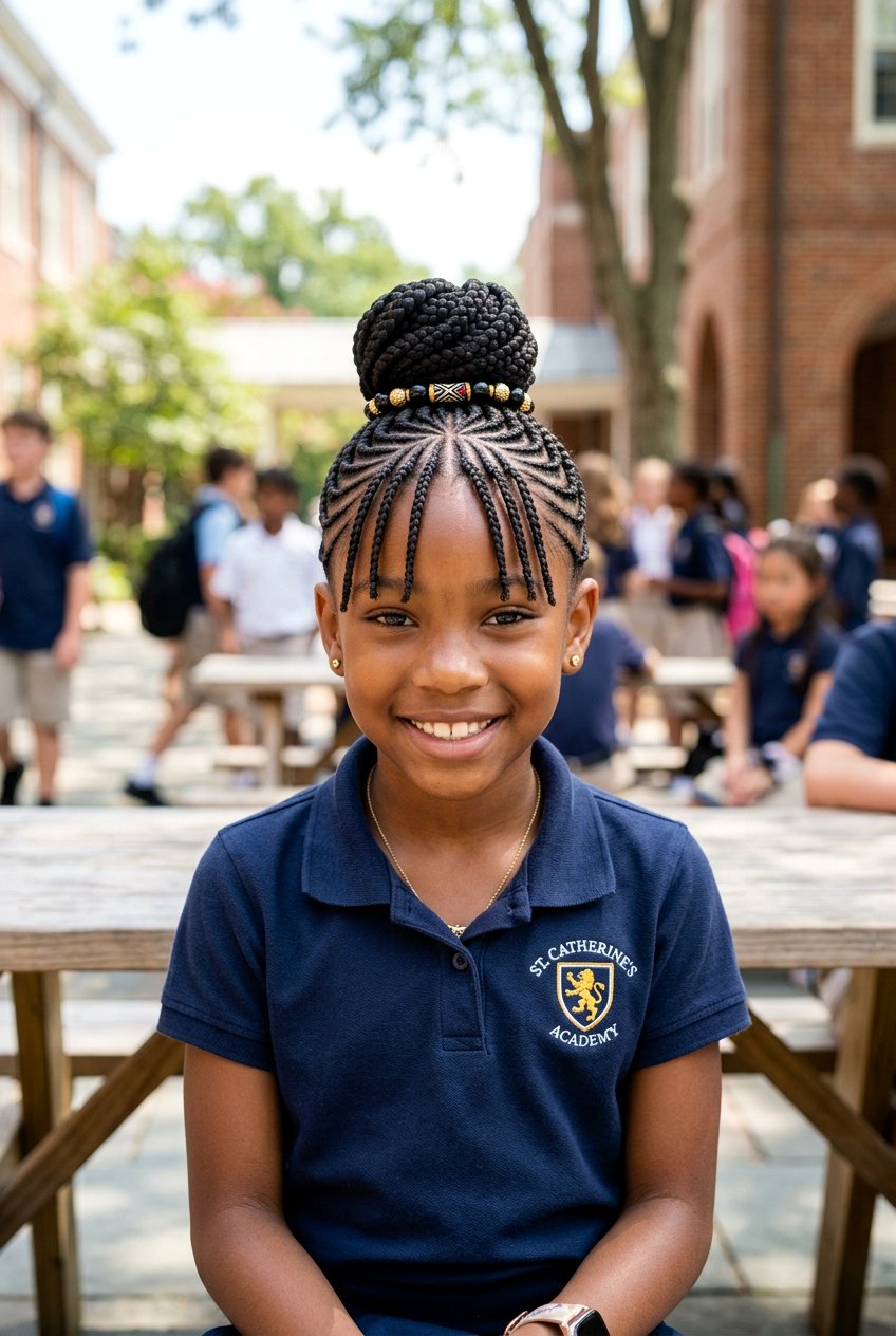 Cornrows with Braided Bangs and High Bun - 20 school cornrow styles for black girls - 20 school cornrow styles for black girls