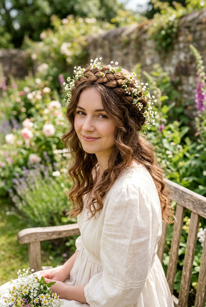 Cottagecore Halo Braid With Flowers - 20 cottagecore braid hairstyle - 20 cottagecore braid hairstyle