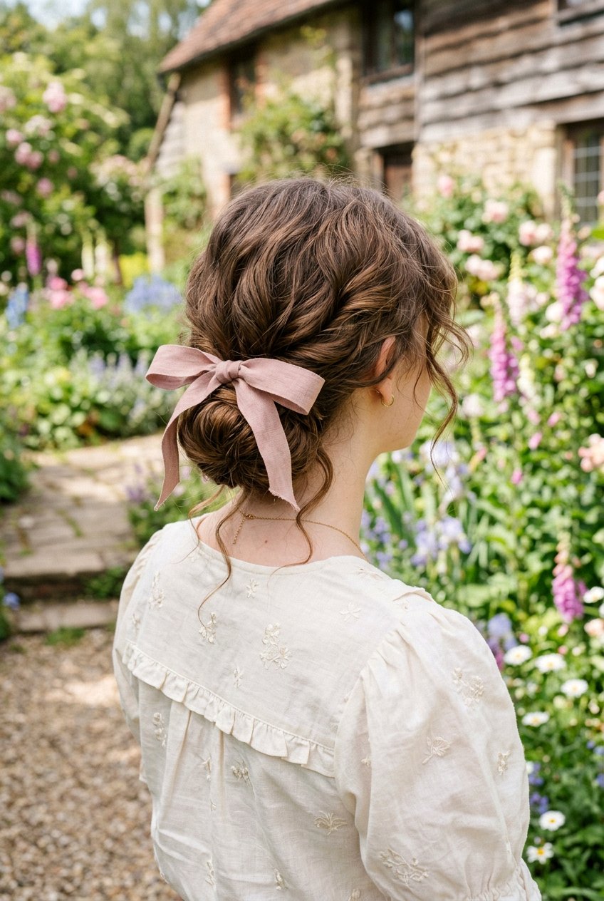 Cottagecore Low Bun With Ribbon - 20 cottagecore hairstyles - 20 cottagecore hairstyles