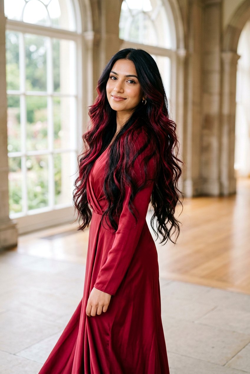 Cranberry Highlights Long Black Hair - 20 cranberry highlights on black hair - 20 cranberry highlights on black hair