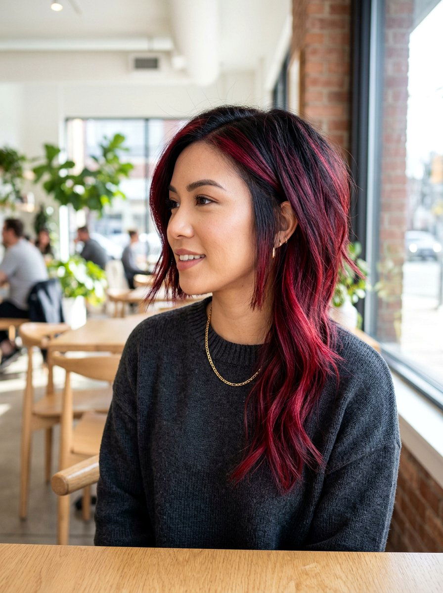 Cranberry Highlights On Black Hair Asymmetrical Bob - 20 cranberry highlights on black hair - 20 cranberry highlights on black hair