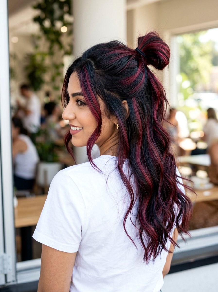 Cranberry Highlights On Black Hair Half Up Half Down - 20 cranberry highlights on black hair - 20 cranberry highlights on black hair