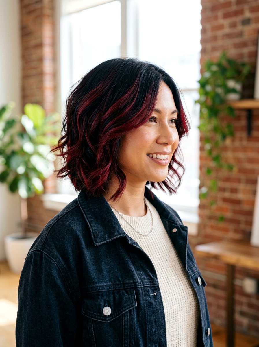 Cranberry Highlights On Black Hair Layered Bob - 20 cranberry highlights on black hair - 20 cranberry highlights on black hair