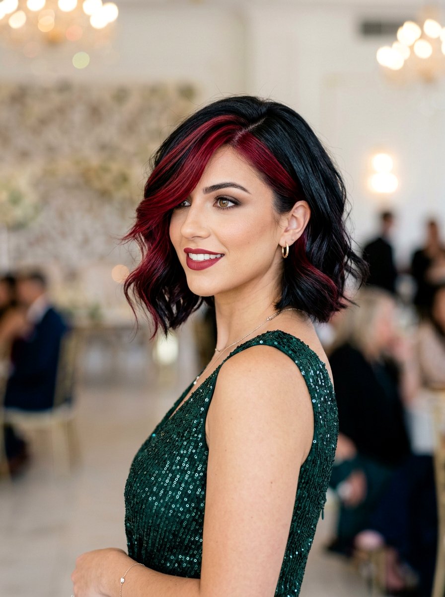 Cranberry Highlights On Black Hair Side Swept Bob - 20 cranberry highlights on black hair - 20 cranberry highlights on black hair