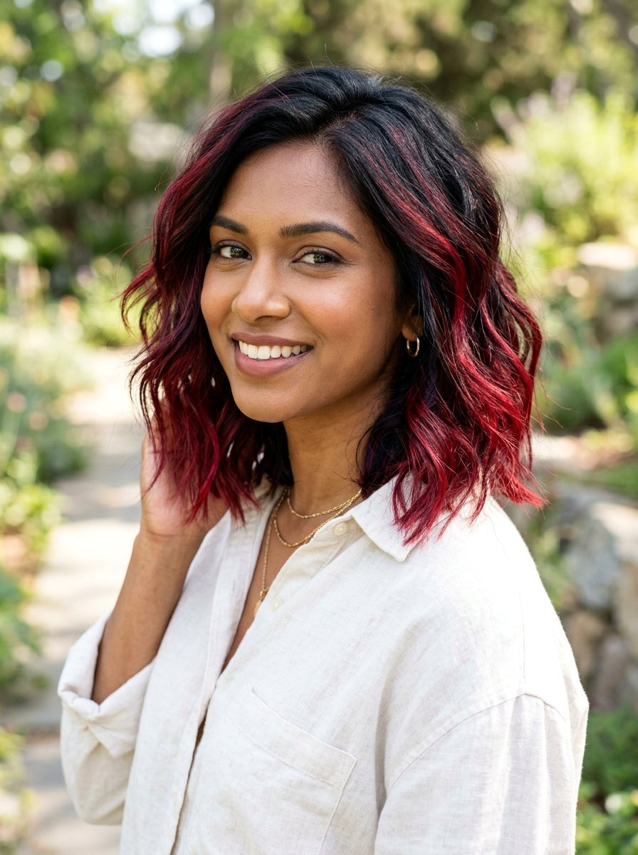 Cranberry Highlights On Black Hair Textured Lob - 20 cranberry highlights on black hair - 20 cranberry highlights on black hair