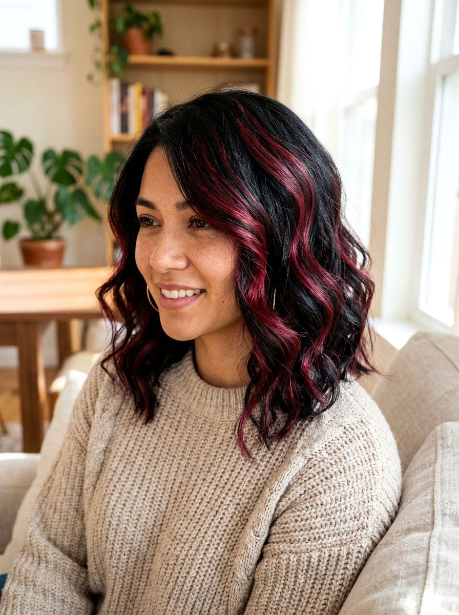 Cranberry Highlights On Black Hair Wavy Lob - 20 cranberry highlights on black hair - 20 cranberry highlights on black hair