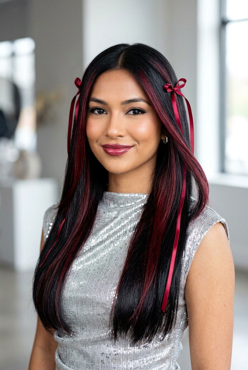Cranberry Highlights Straight Black Hair - 20 cranberry highlights on black hair - 20 cranberry highlights on black hair