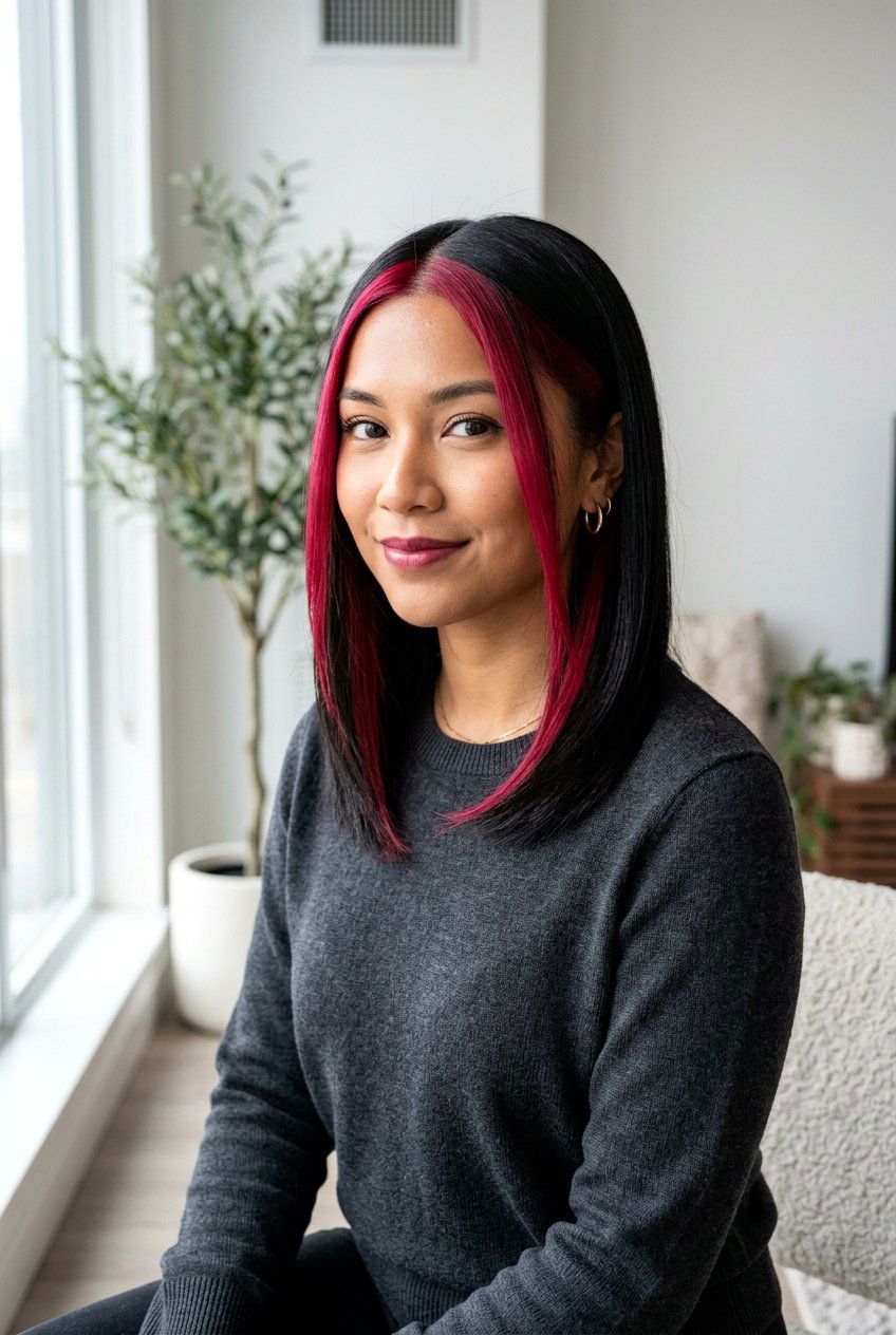 Cranberry Money Piece On Black Hair - 20 cranberry highlights on black hair - 20 cranberry highlights on black hair