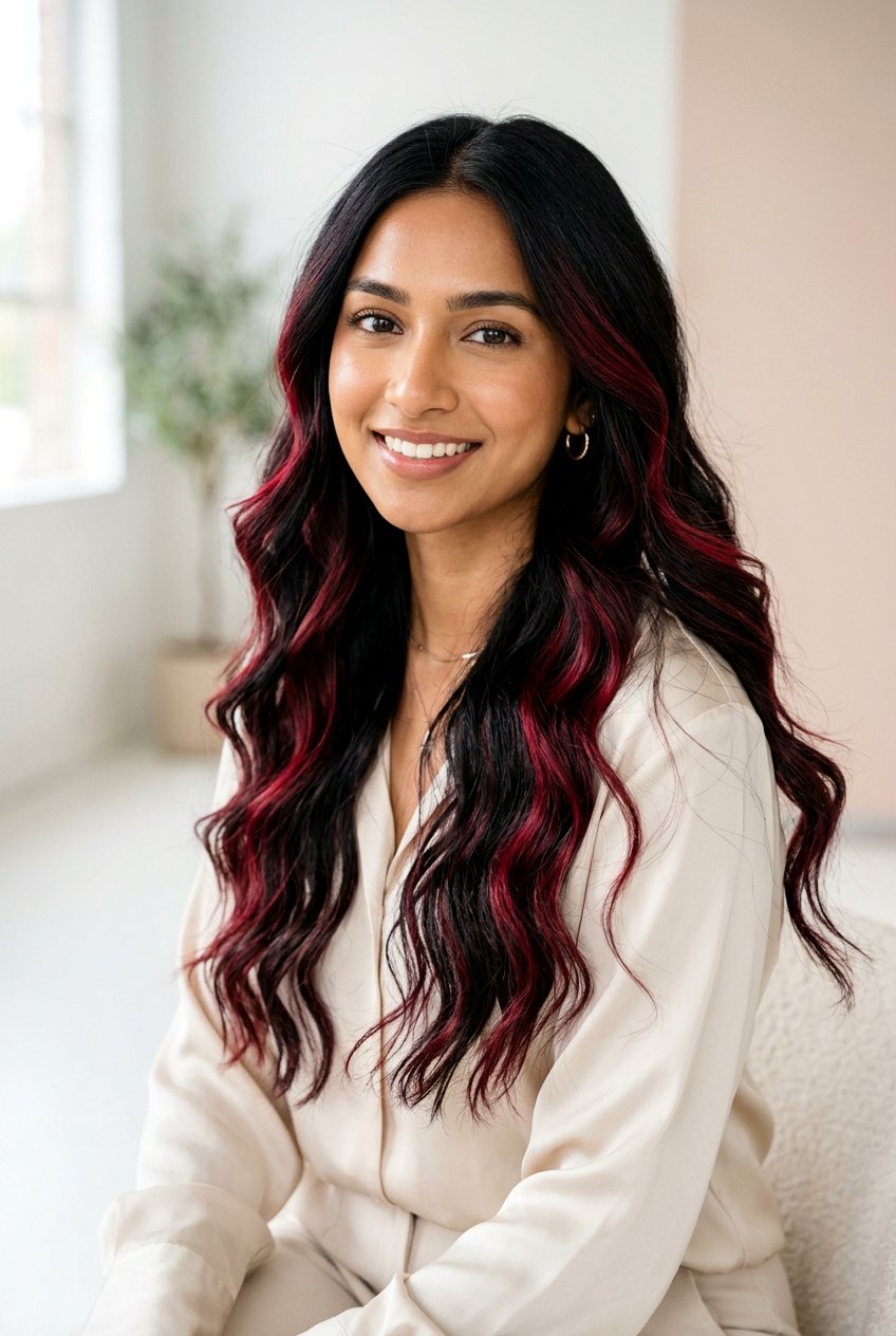 Cranberry Red Balayage On Black Hair - 20 cranberry highlights on black hair