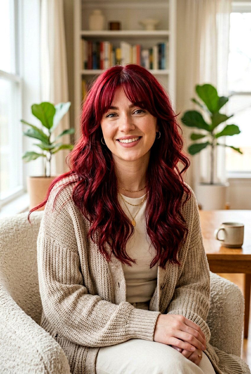 Cranberry Red Curtain Bangs - 20 cranberry red hair color - 20 cranberry red hair color