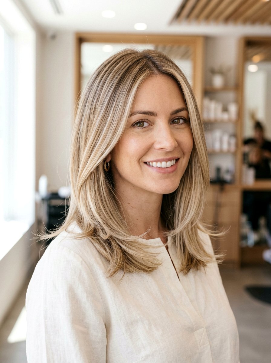 Creamy Blonde Babylights Layered Lob - 20 dimensional blonde for layered lob - 20 dimensional blonde for layered lob