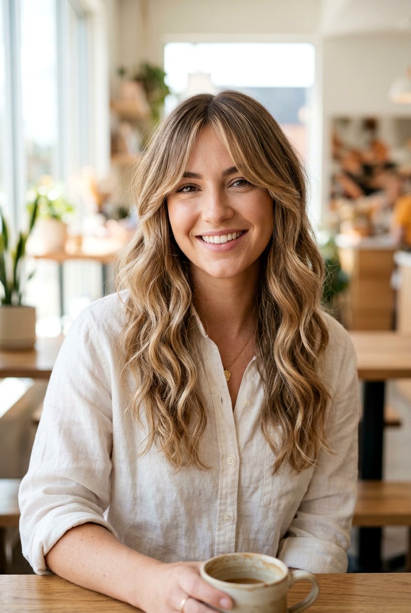 Creamy Bronde Balayage With Long Curtain Bangs - 20 creamy bronde balayage for medium hair - 20 creamy bronde balayage for medium hair